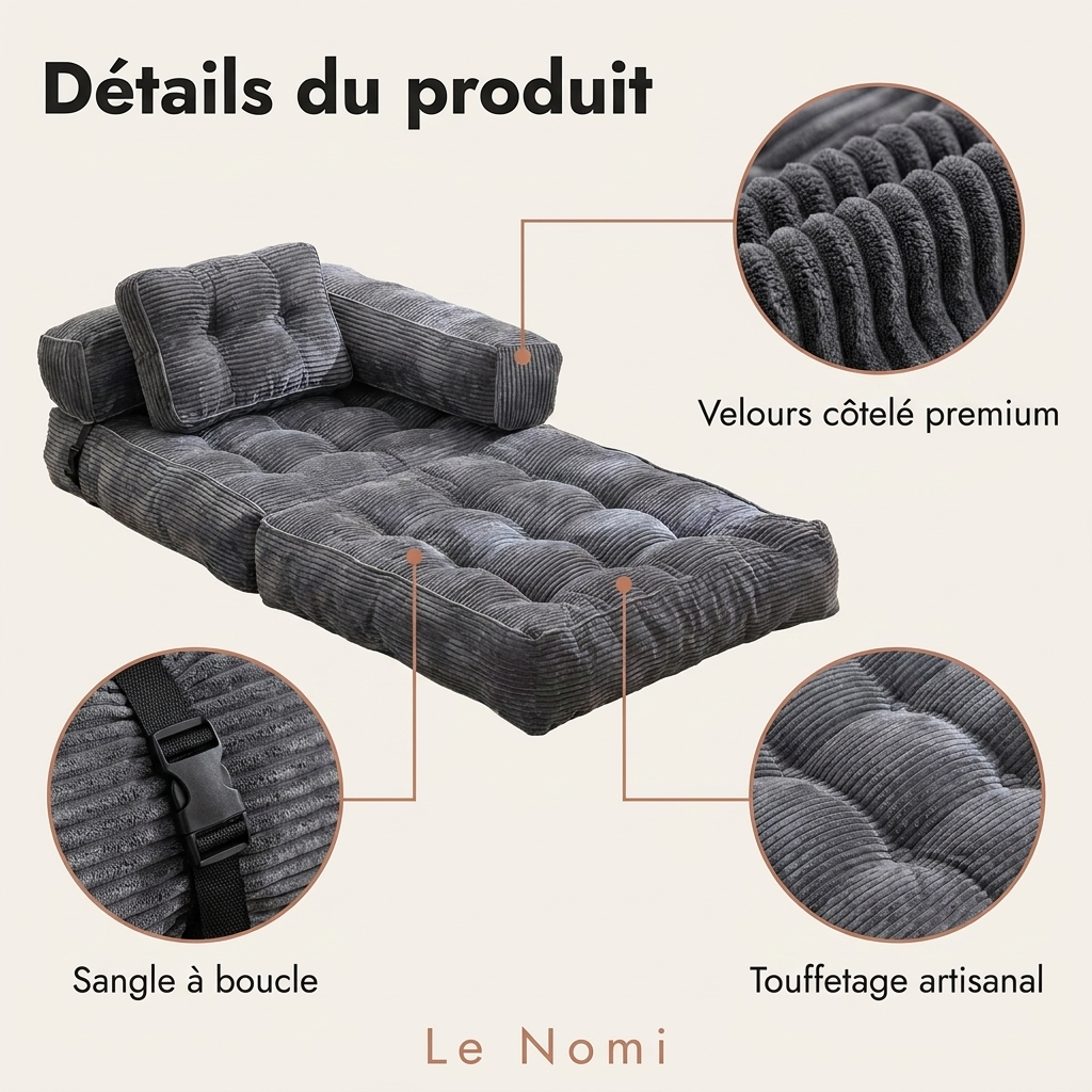 Le Nomi - Details produit velours cotele premium sangle boucle touffetage artisanal