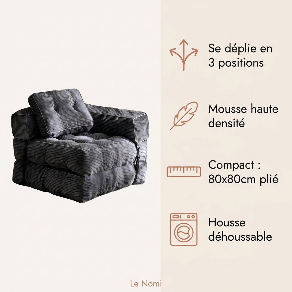 Le Nomi - 3 positions, mousse haute densite, compact 80x80cm, housse dehoussable