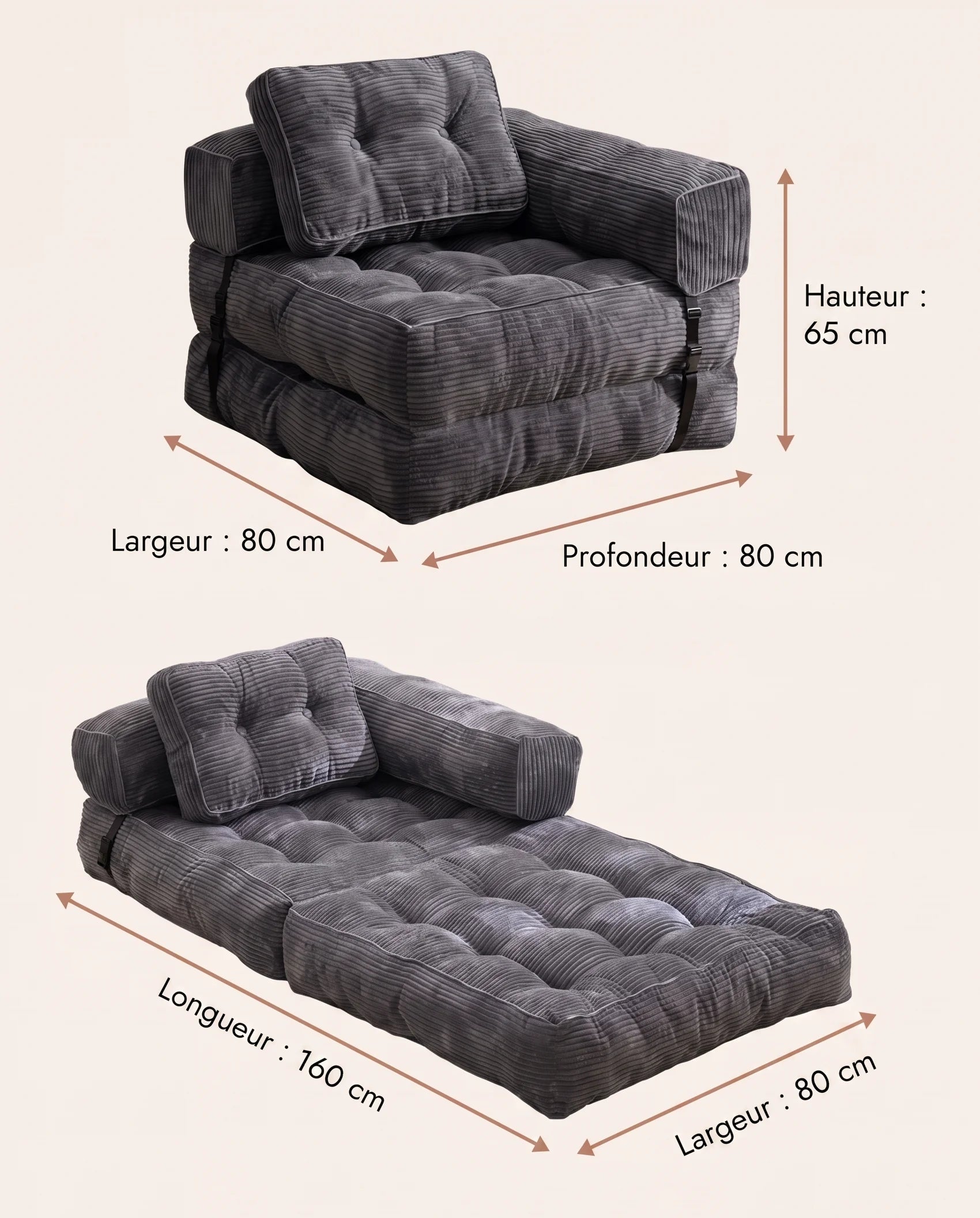 Le Nomi - Fauteuil / Lit Convertible Pliable en Velours Côtelé